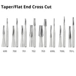 A set of SS White Carbide Burs with tapered flat ends and crosscut tips, displayed in a variety of sizes.