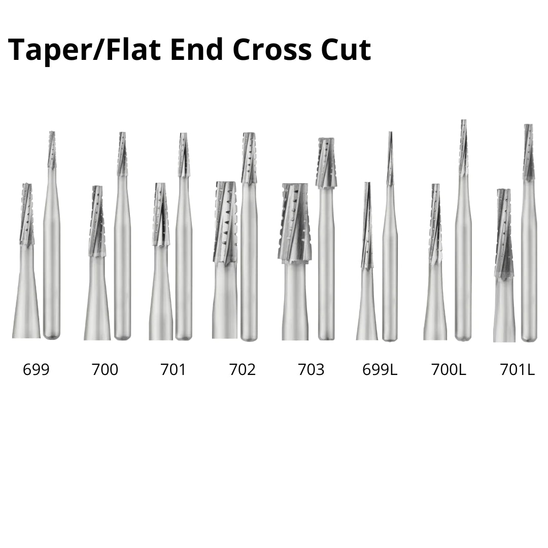 A set of SS White Carbide Burs with tapered flat ends and crosscut tips, displayed in a variety of sizes.