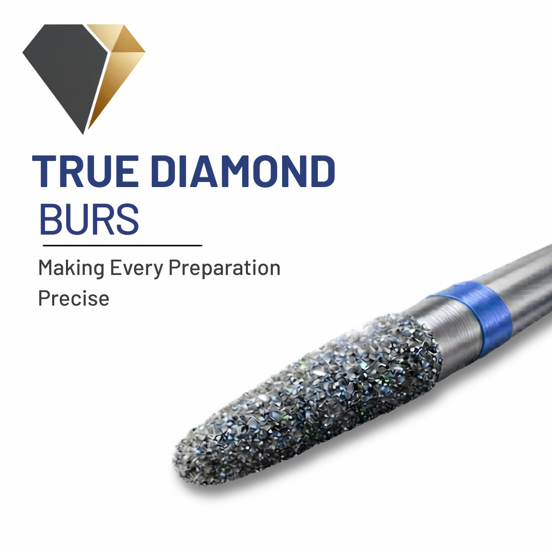 True Diamond Burs dental tool with brand logo and tagline on a white background